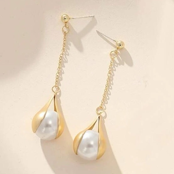 New Art Deco Suspension Pearl Drop Earrings | Faux Pearl Drop Dangle Earrings - Picture 13 of 16